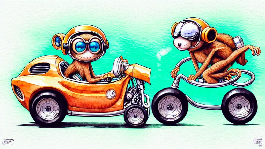 Prompt: cute and funny, tarsier wearing a helmet riding in a hot rod with oversized engine, ratfink style by ed roth, centered award winning watercolor pen illustration, isometric illustration by chihiro iwasaki, edited by range murata, tiny details by artgerm and watercolor girl, symmetrically isometrically centered