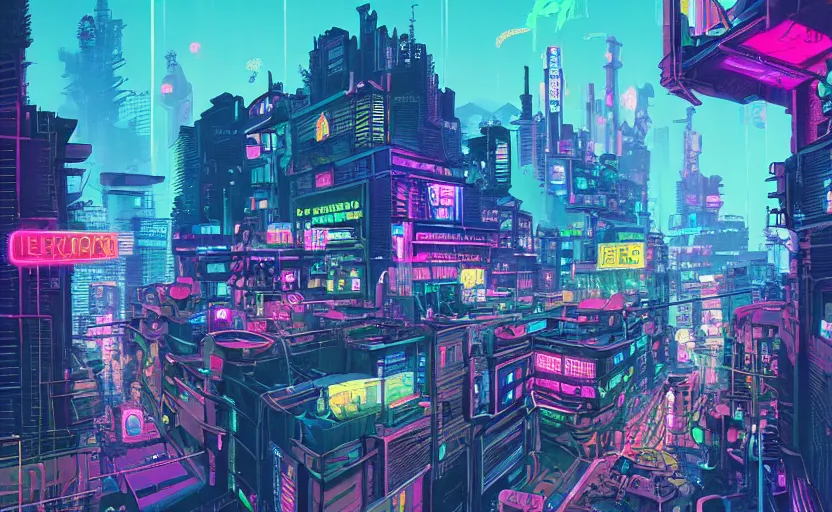 Image similar to Wide angle shot of a cyberpunk city with neon lights and holographic fishes floating in the sky by James Gilleard, Mark Ryden, Wolfgang Lettl highly detailed