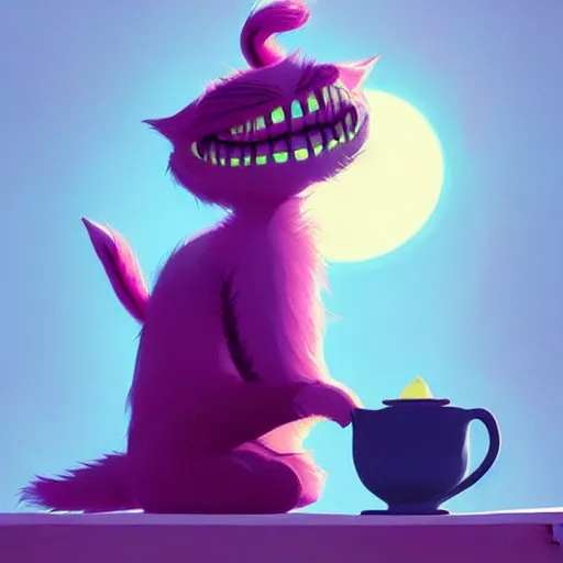 Image similar to cheshire cat drinking tea, in the style of atey ghailan and james gilleard and goro fujita, exquisite lighting, art, very coherent, trending on artstation