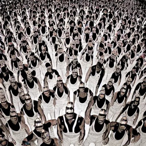 Prompt: 1990's sears portrait photo, a giant massive group of extremely muscular ripped men wearing full-body shiny reflective silver latex pants shirts and masks, forming a massive gigantic huge tall intricate synchronized swimming pile inside the center of a New York City street, sunset sky, ultra-detailed, photorealistic