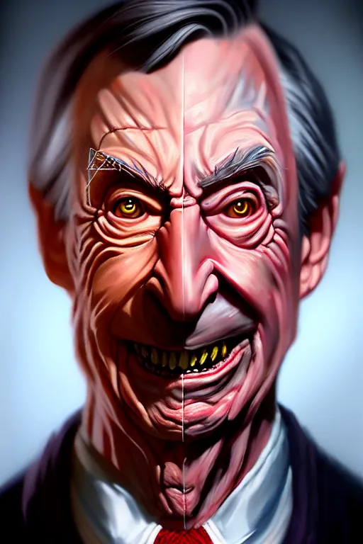 Prompt: hyper realistic portrait painting of evil mr. rogers as freddy krueger, painted by greg rutkowski, wlop, artgerm akoto shinkai trending on artstation