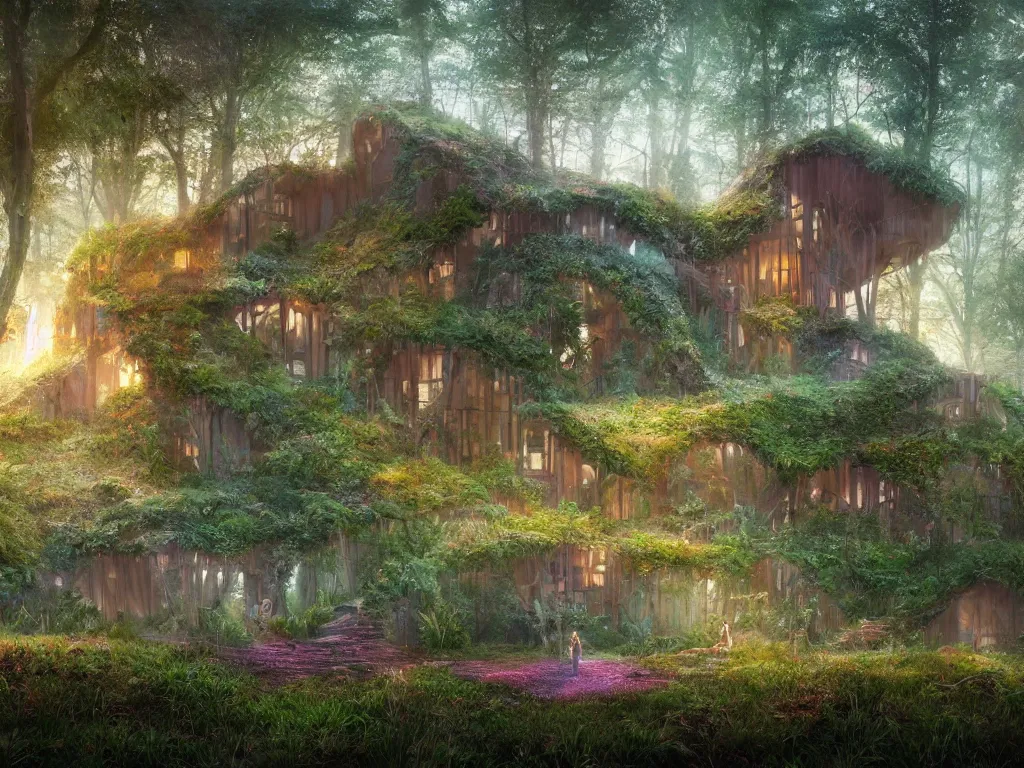 Image similar to beautiful organic house made of imaginary plants in a forest, architectural render, futuresynth, chillwave, by Gabriel Dawe, by Skottie Young, by Jessica Rossier, vegetal architecture, by moebius, by Isaac Cordal, night, mist, lights, junglepunk, blender, trending on artstation