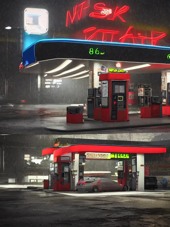 Image similar to photo of 8k ultra realistic gas station, neon, heavy rain, full of colour, cinematic lighting, battered, trending on artstation, 4k, hyperrealistic, focused, extreme details,unreal engine 5, cinematic, masterpiece, art by ayami kojima, giger