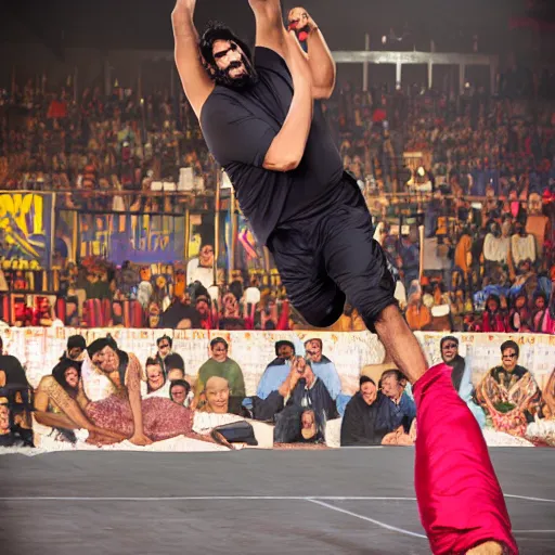 Prompt: the great khali floating in mid air like a magician, sony a 7 r realistic photography