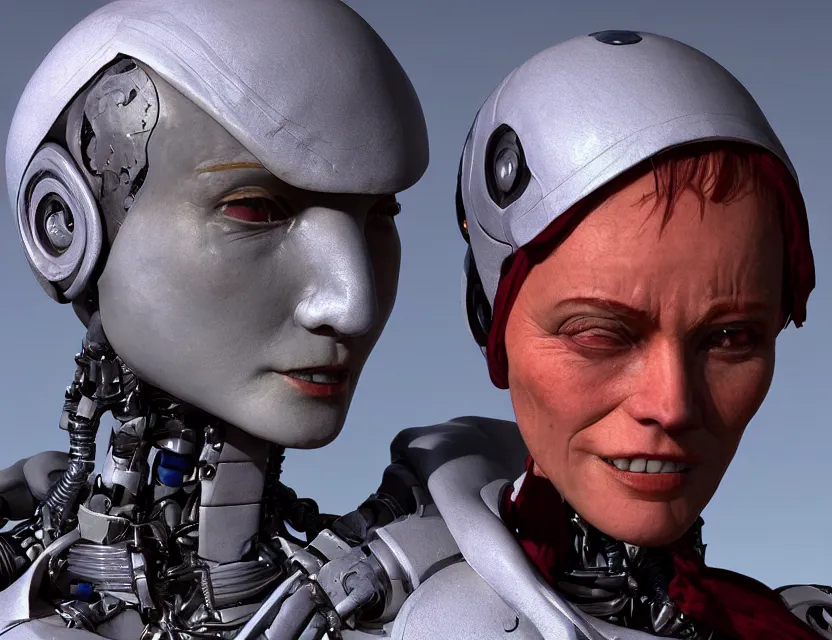 Prompt: cinematic bust portrait of robo! - cyborg!! granny!, a scarf tied on the head, by jean giraud, trending artstaition, unreal engine