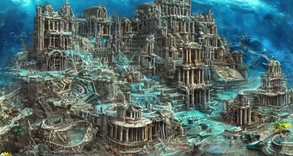 Prompt: a magnificent underwater photo of the lost city of Atlantis, fully built buildings, hyper detailed, 4K