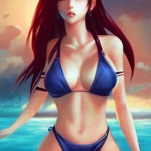 Image similar to beautiful tifa from final fantasy in a bikini, drawn by charlie bowater