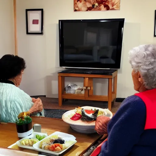 Prompt: grandmas watching sushi on the tv