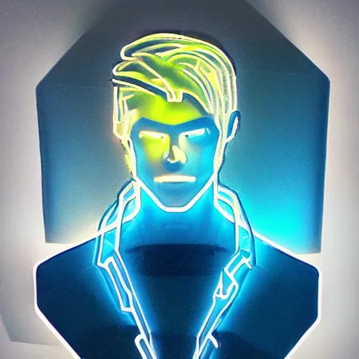 Image similar to man portrait made out of ice, beautiful, cyborg, comic book art, blond hair, neon