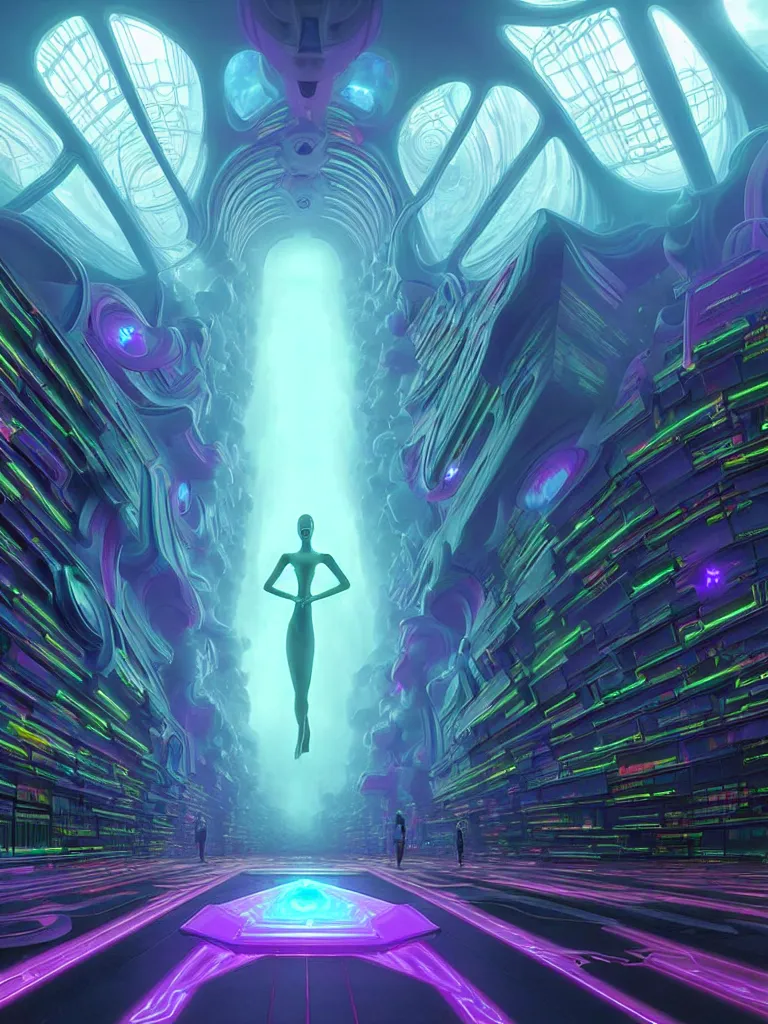 Prompt: entrance to matrix ethereal realm, ai sentient, rendered in unreal engine, central composition, symmetrical composition, dreamy colorful cyberpunk colors, 6 point perspective, fantasy landscape with anthropomorphic terrain in the styles of igor morski, jim warren and rob gonsalves, intricate, hyperrealistic, volumetric lighting, neon ambiance, distinct horizon