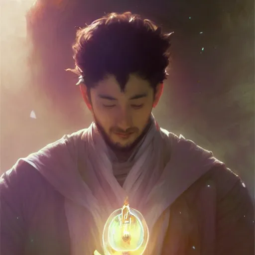 Image similar to A man drinking a cup of cosmic energy bright light, illustration by Ruan Jia and Mandy Jurgens and William-Adolphe Bouguereau, Artgerm, 4k, digital art, surreal, anime style, space dandy style, highly detailed, godsend, artstation, digital painting, concept art, smooth, sharp focus, illustration by Ruan Jia and Mandy Jurgens and William-Adolphe Bouguereau, Artgerm