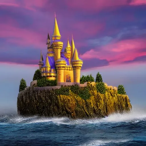 Prompt: Fantasy Castle on island surrounded by waves at sunset