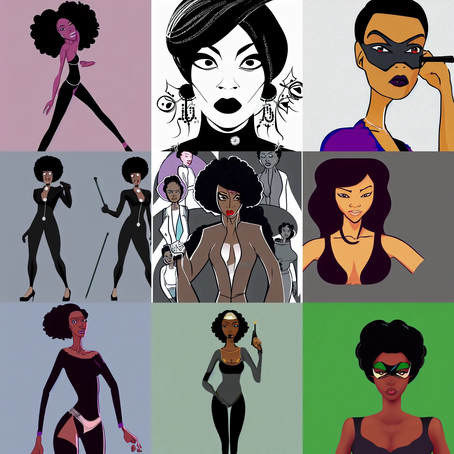 Prompt: illustration of black woman character in the style of Peter Chung, Aeon Flux animation,