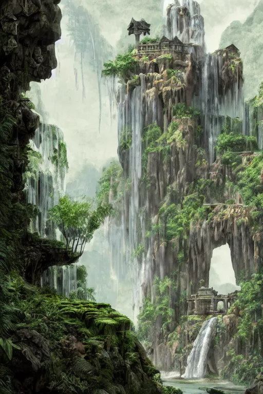 Image similar to carved into a Mountain a temple above a waterfall, arches adorned pillars, archways, gnarly trees, lush vegetation, forrest, a small stream runs beneath the waterfall, landscape, raphael lacoste, eddie mendoza, alex ross, concept art, matte painting, highly detailed, rule of thirds, dynamic lighting, cinematic, detailed, denoised, centerd