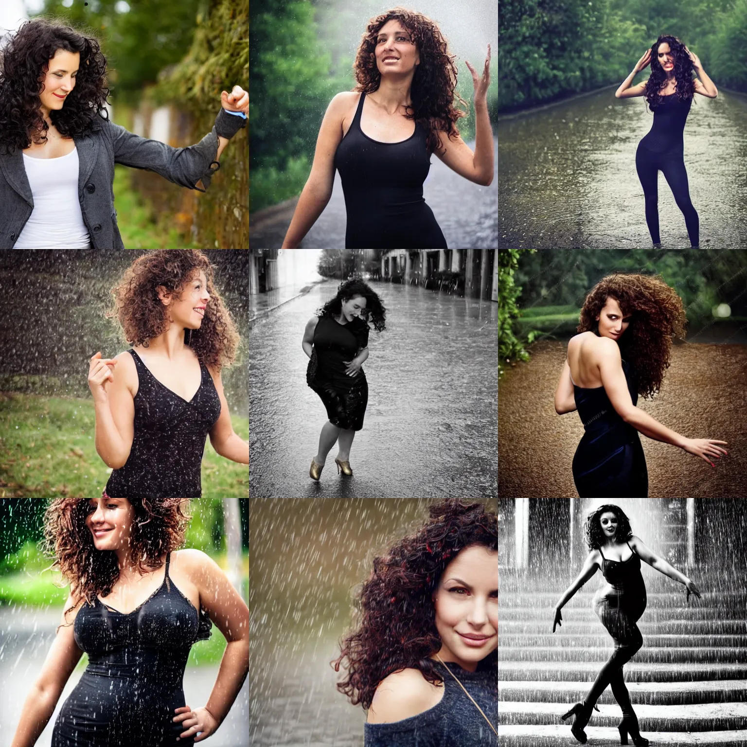 Prompt: European woman photograph, (dark shorter curly hair), (38 years old), (good looking ), detail face, intelligent, dancing in the rain, curves, golden ratio,