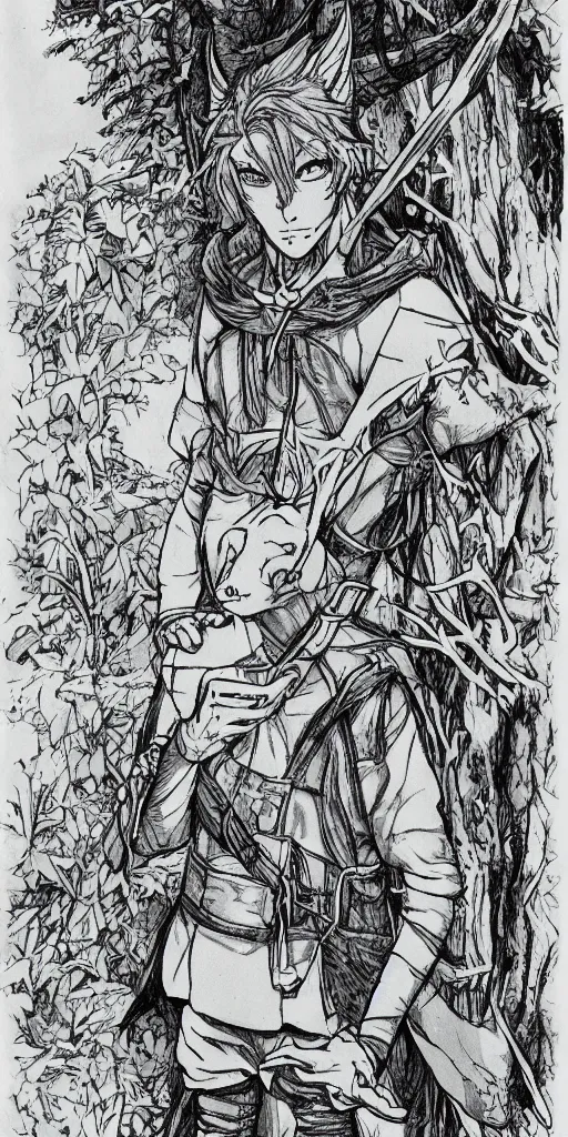 Image similar to an wood elf boy getting ready for an high fantasy adventure on the mountain side, anime style, tarot card, Tarot card the fool, fine line work, psychedelic
