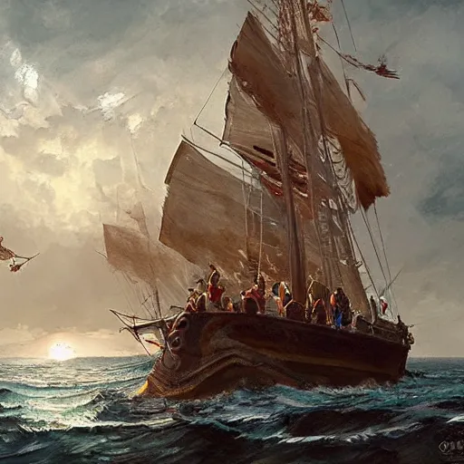 Prompt: a group of adventurers eating a giant pizza on a sailing ship, greg rutkowski