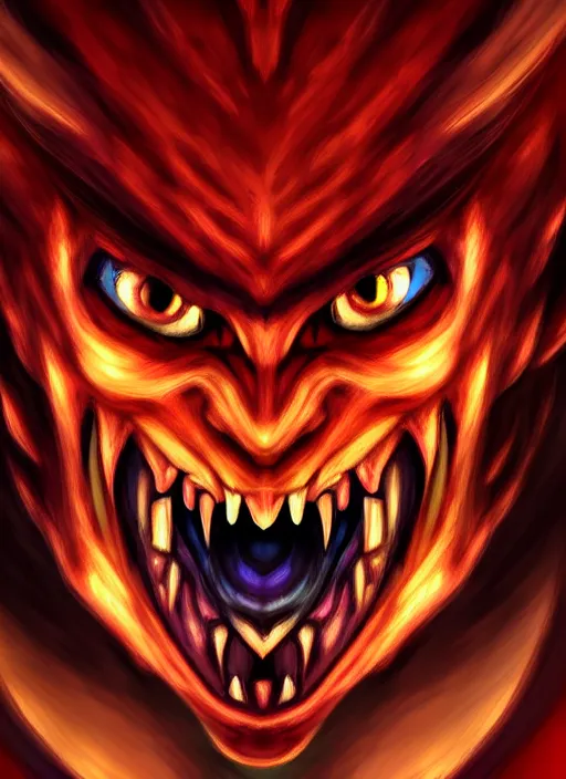 Image similar to face portrait of angry demon screaming, realistic, high qulity, 4 k, sharp fucos, tranding on art station