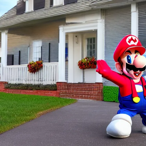 Image similar to bootleg super mario costumed man standing in front of an american house