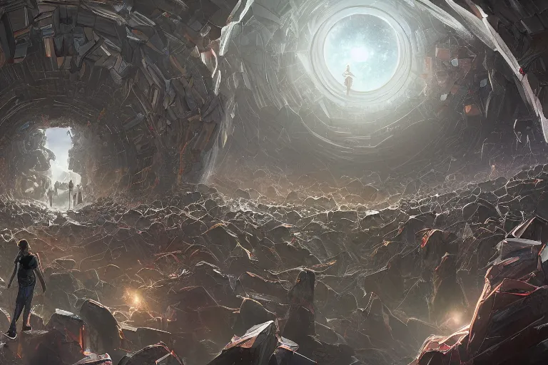 Image similar to a line of people entering a huge dimensional portal, digital painting, mixed media, trending on artstation and deviantart, epic composition, highly detailed, 8 k