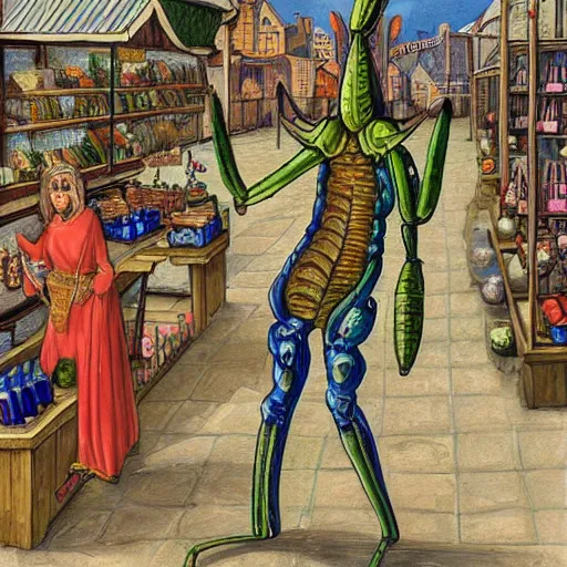 Image similar to Painting of human-sized Mantis religiosa shopping on a medival city market; fantasy; D&D; magic