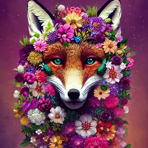 Image similar to made of flowers, made of flowers, made of flowers, fox made of flowers, fantasy art, trending on artstation, beautiful art, intricate, elegant, highly detailed, digital painting