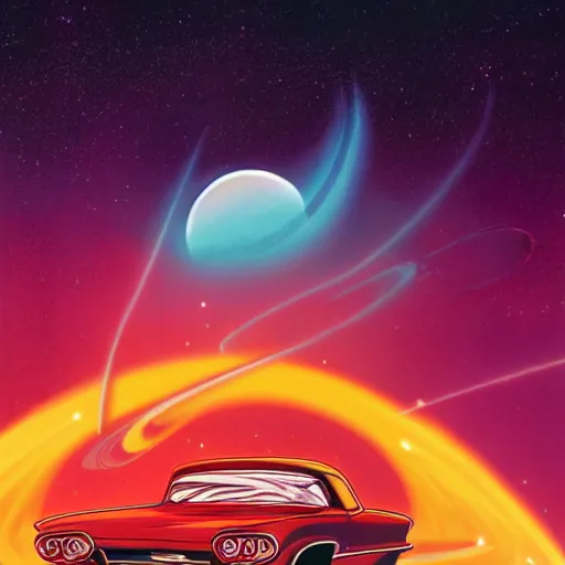 Image similar to 1960s car on a road in space driving towards a planet, synthwave