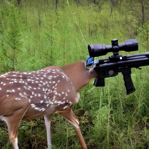 Prompt: Photograph of a deer pointing a rifle at a hunter