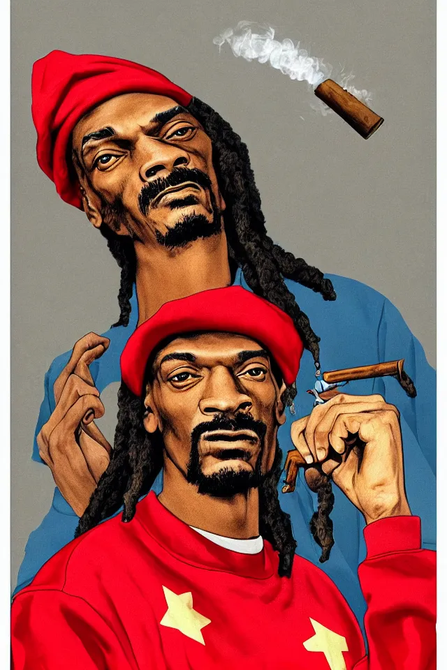 Image similar to an epic socialist realism poster of communist snoop dogg in a red beret smoking a blunt for the proletariat
