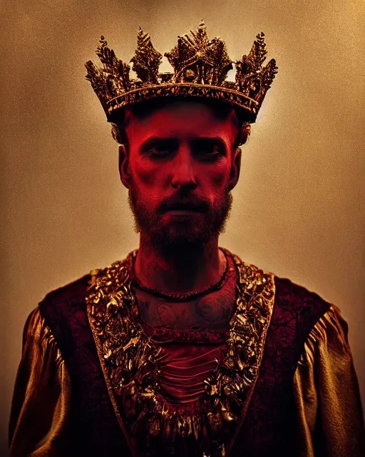 Image similar to 'Portrait of Crowned King Arthur' by Lee Jeffries royally decorated, whirling plasma, atmospheric motes, red and gold Sumptuous garb, gilt silk fabric, radiant colors, fantasy, perfect lighting, studio lit, micro details,