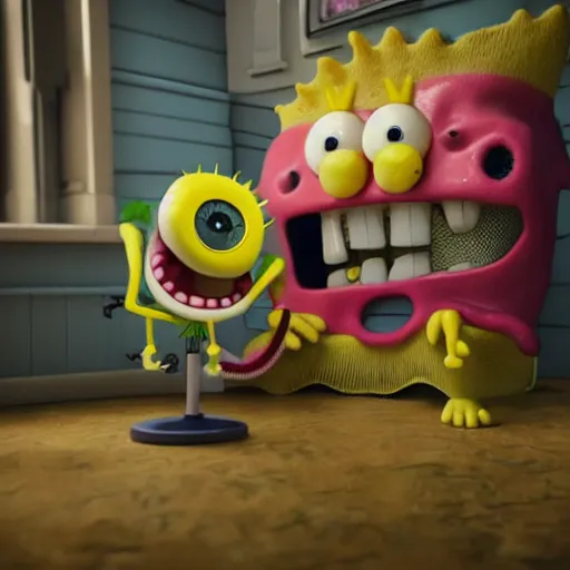 Image similar to demented creepy spongebob staring into your soul with realistic tentacles in the background, scary, rendered in blender, horror, gloomy, dark, terrifying, terror, frightful, super detailed octane render ran in blender optimized,