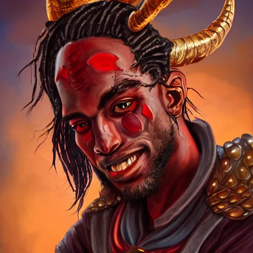 Prompt: dnd portrait of a travis scott as tiefling, male, red scales and red skin, a big black beard, completely golden eyes, 2 ram horns growing out of his forehead,