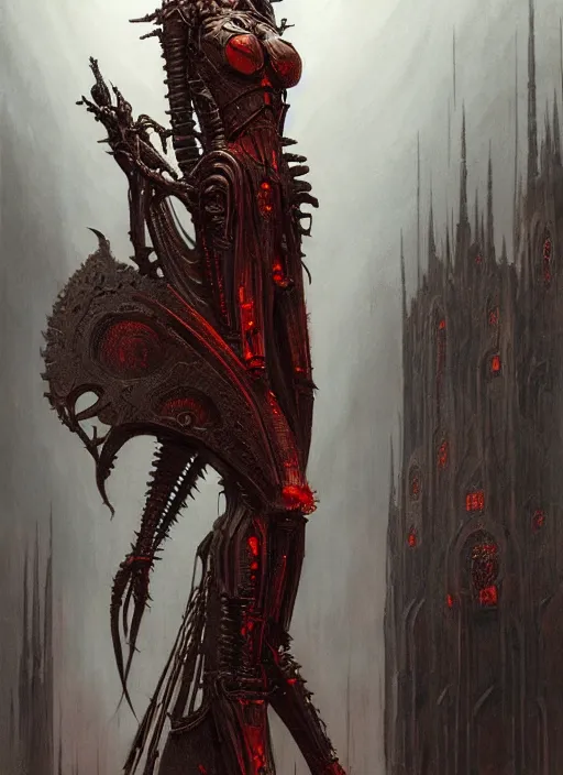 Prompt: masterpiece, infernal lady concept art, stylized, doom, elegant, imperial, epic, intricate art by h. r. giger, greg rutkowski, josan gonzalez, zdizslaw beksinski, biomechanical, crimson darkness, hellscape