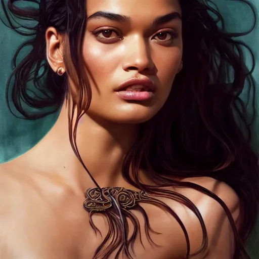 Image similar to Portrait of a Shanina Shaik as Medusa, Watercolor, photorealistic, high resolution, award winning, trending on artstation, olive skin, long dark hair, beautiful bone structure, intricate, elegant, highly detailed, digital painting, artstation, concept art, smooth, sharp focus, illustration, art by artgerm and greg rutkowski and alphonse mucha