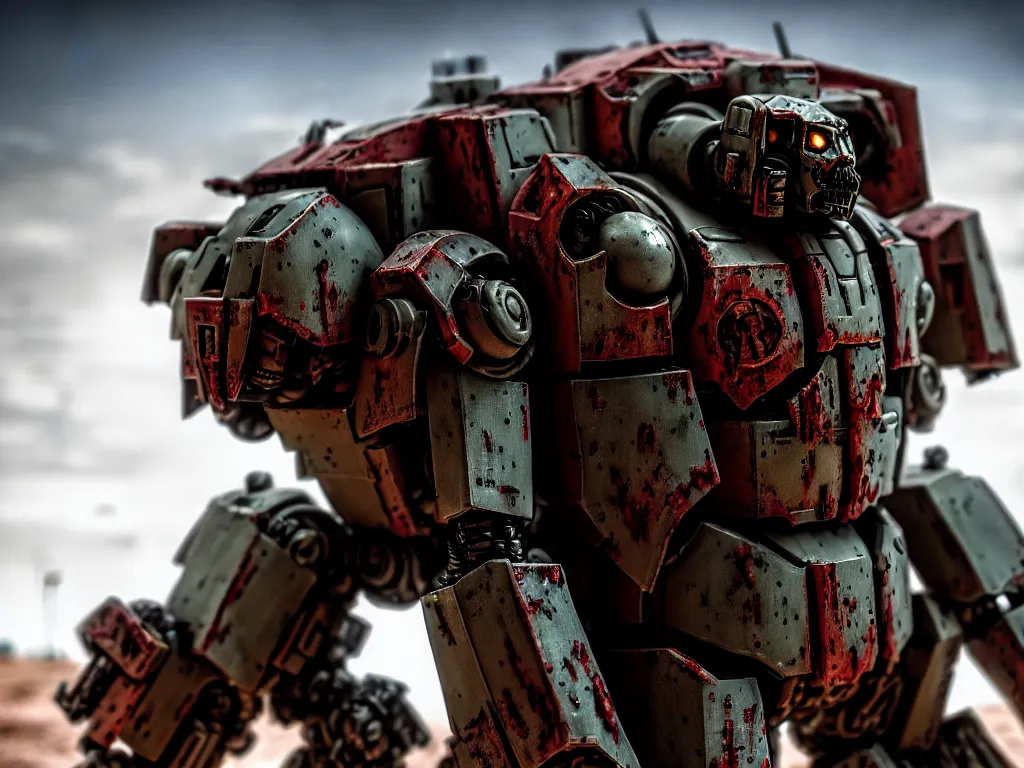 Prompt: a close up cinematic still of a zombie heavy mech military space marine, by kow yokoyama, maschinen krieger, hobby japan, stormy post apocalyptic desert, highly detailed, 3 5 mm, shot with canon 5 d mark ii, face detail, rob bottin, rick baker, jordu schell, artstation, cg society, soft illumination