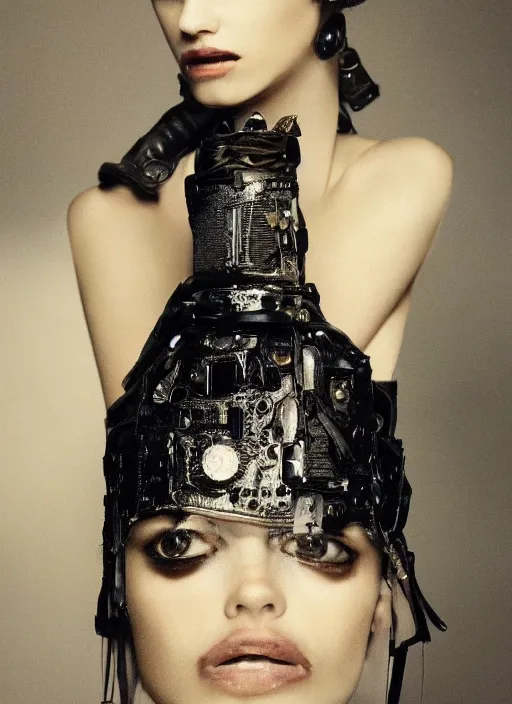 Prompt: photography of beautyful female android steampunk by paolo roversi,