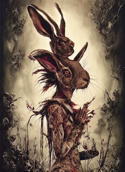 Prompt: the march hare, death tarot card, highly detailed, cinematic, 8 k, by megan duncanson, benjamin lacombe, adrian borda, stanley artgermm, tom bagshaw, craig mullins, carne griffiths, ayami kojima, beksinski, giger, trending on deviantart, hyper detailed, horror, full of colour