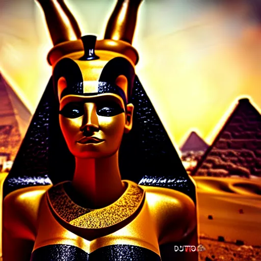 Prompt: demonic egyptian queen, oasis in the background, professional photography, natural light, anatomically correct body, many details, super realistic, high quality, 8 k