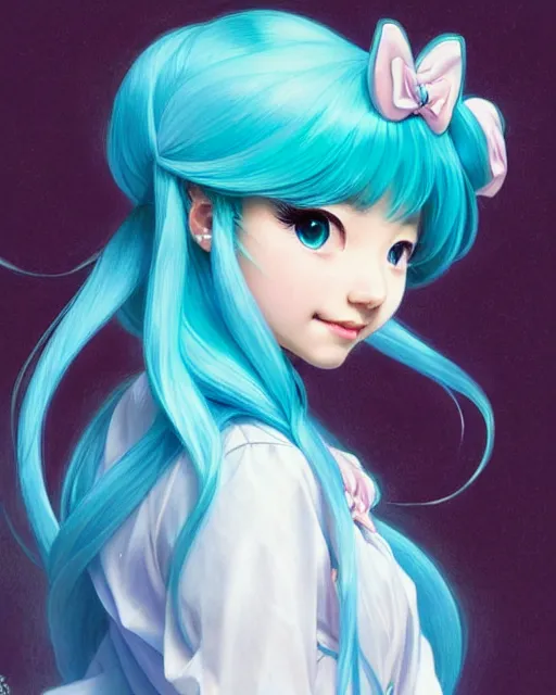 Image similar to portrait of disney hatsune miku!!!!!!!!!!, intricate, elegant, highly detailed, digital painting, artstation, concept art, smooth, sharp focus, illustration, art by artgerm and greg rutkowski and alphonse mucha and uang guangjian and gil elvgren and sachin teng and wlop, symmetry!!