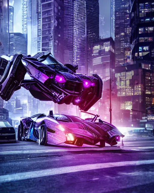 Image similar to hyper detailed purple lamborghini transformer, mecha cyberpunk city street background, 8 k photograph, dramatic lighting,