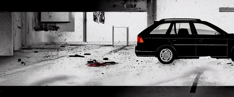 Prompt: Audi A4 B6 Avant (2002), a gritty neo-noir, dramatic lighting, cinematic, eerie person, death, homicide, homicide in the snow, viscera splattered, gunshots, bullet holes, establishing shot, extremely high detail, cracked windows, photorealistic, arson, burning city, cinematic lighting, artstation, by simon stalenhag, Max Payne (PC) (2001) winter New York at night, In the style of Max Payne 1 graphic novel, flashing lights, Poets of the Fall - Late Goodbye