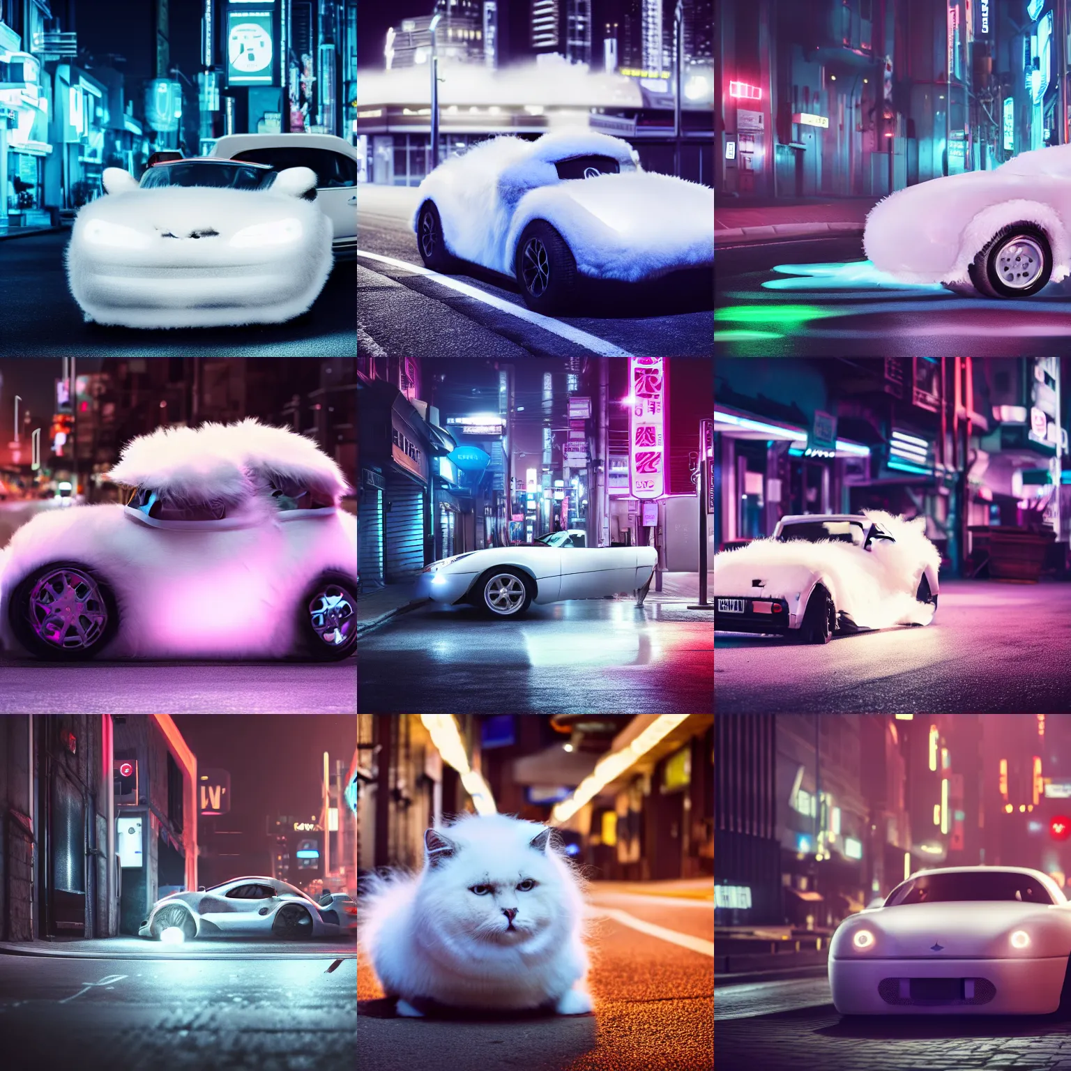 Prompt: a fluffy roadster covered with white fur and looked like a British Shorthair cat, parking in the street, Cyberpunk, neon light, 4k, hd, highly detailed
