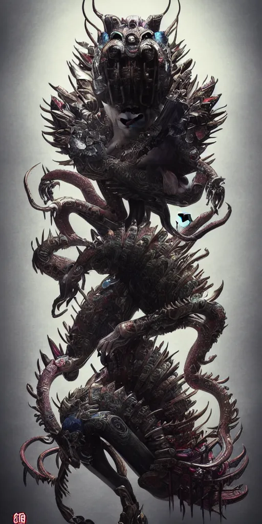 Image similar to exquisite imaginative creature beast from chinese mythology, sharp, ghost in the shell, slender and densely arranged teeth, poster art, movie art, poster art, poster art, elegant, by lucusfilm, weta studio and james jean, 8 k, denoised