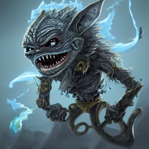 Image similar to a highly detailed flying goblin with grey skin and blue eyes that glow, grey background, surrounded by wind, like magic the gathering, goblin chainwalker, digital art, by christopher rush