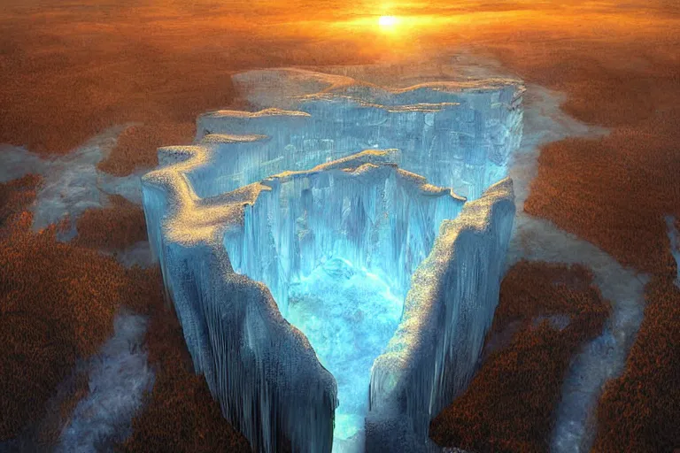 Image similar to areal view of a gargantuan ice wall, spanning a continent, fantasy, digital art, brilliant, sunrise