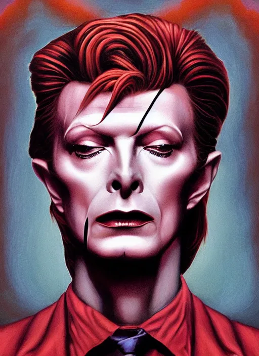 Image similar to twin peaks poster art, portrait of david bowie cursed himself in order to find the secrets of the black lodge, by michael whelan, rossetti bouguereau, artgerm, retro, nostalgic, old fashioned