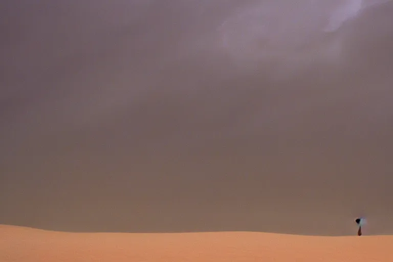 Image similar to a cinematic photograph of a storm in a serene vast desert, dune, cinematic, movie still, dramatic lighting, by bill henson, 1 6 : 9 ratio