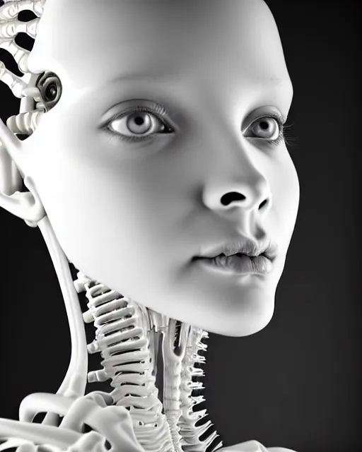 Image similar to white background, halo, dreamy foggy elegant soft luminous bw profile face 3 d render of a beautiful young biomechanical - porcelain - female - cyborg with a delicate detailed mandelbrot fractal texture skin and a very long neck with gothic pearl embroidered collar, white smoke atmosphere, rim light, hg giger, 8 k