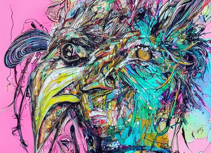 Prompt: psychedelic chicken illustrations by ralph steadman and bill sienkiewicz and carne griffiths