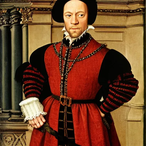 Image similar to a highly detailed portrait of dwane the rock johnson, wearing elegant tudor clothes, inside a room with thick red tapestries, oil painting by hans holbein and alessandro allori and richard burbage